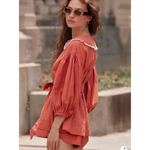 Free People Porto Top & Shorts Set S‎ Orange Puff Sleeve Peter Pan Collar NWT - Picture 15 of 16